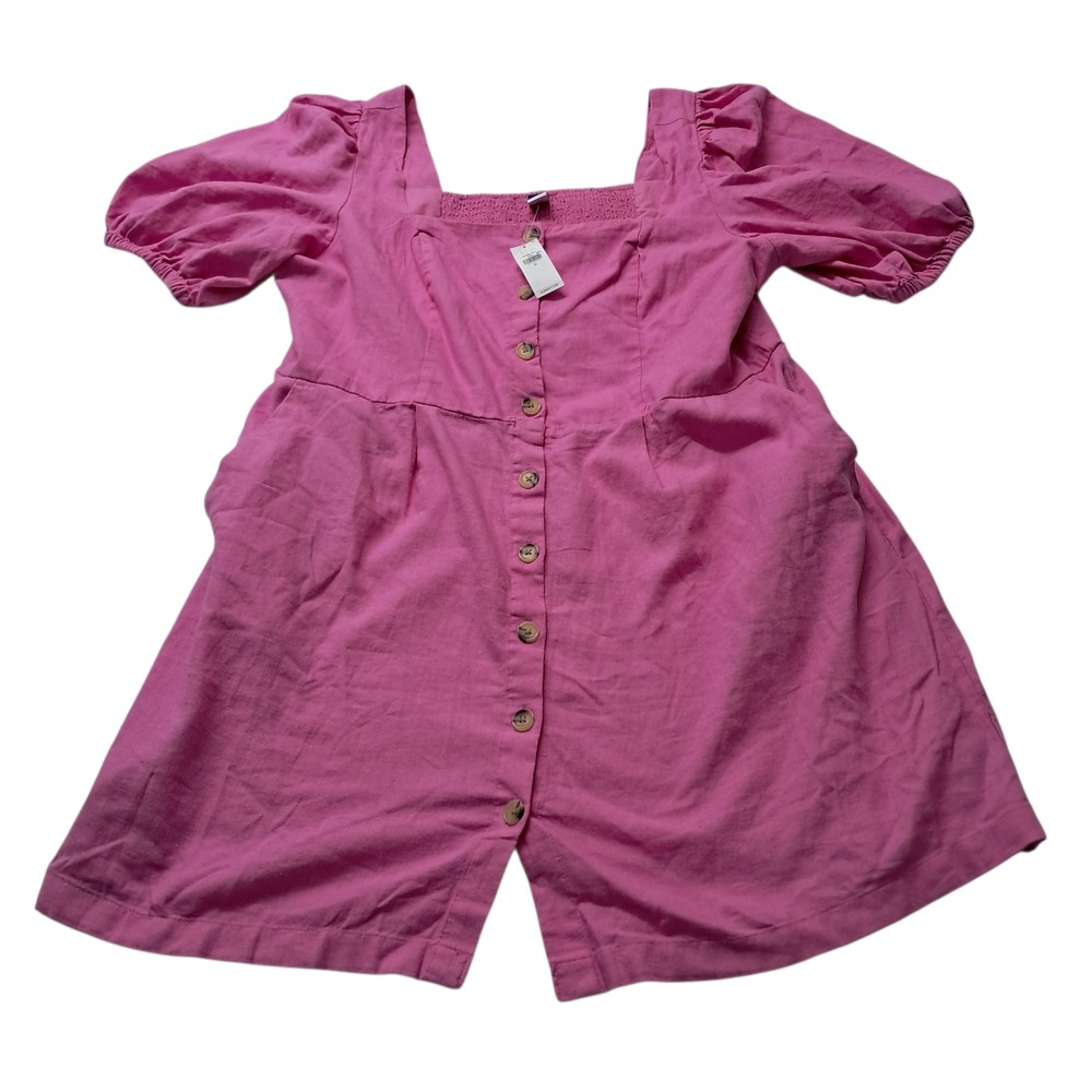 NWT Old Navy Dress Women's XL Pink Mini Linen Blend Puff‎ Sleeve Smocked